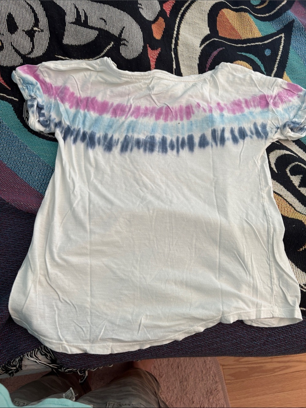 Women’s White Tie-Dye Short Sleeve Top with Pink & Blue Stripes - Picture 2 of 2